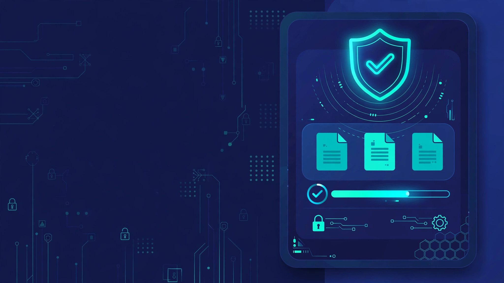 Secure file upload scanning illustration with shield and document icons for business application security checklist