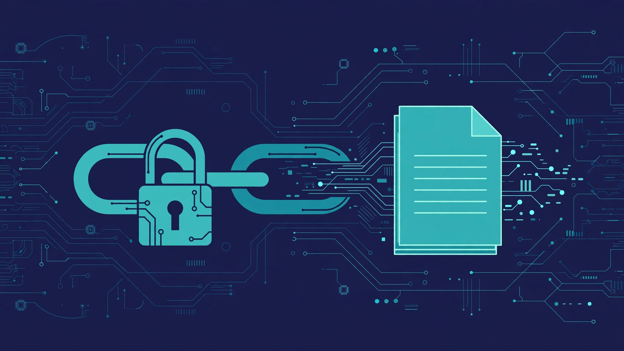 Illustration of a document connected to a locked URL chain link representing secure signed download links with expiry in web applications